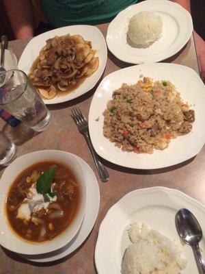 #24 Masaman curry in bowl. Pork fried rice #44. Potato stir fry with beef #38.