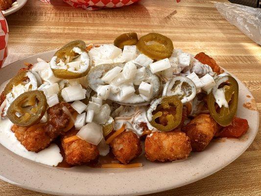 Chili cheese tater tots jalapeno onion and ranch