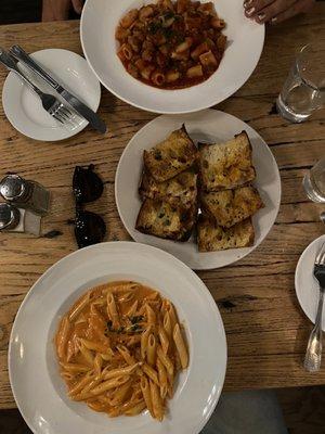 Diablo pasta , Garlic Bread , and Penne Alla Vodka