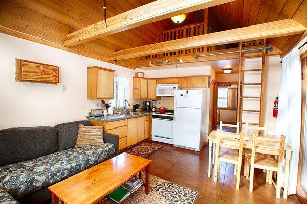 Living room/kitchen area of the Lupin Cabin