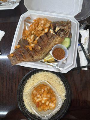 Attiéké,  Fried Tilapia, and onion sauce!!