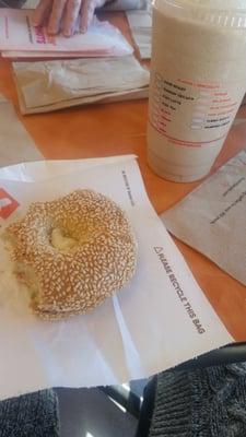 Sesame bagel and coffee coolatta with whip