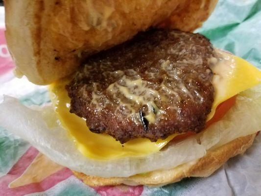 New California Burger, way off from the picture, filling for the time and wow, is that a different sized Patty too; what's really going on