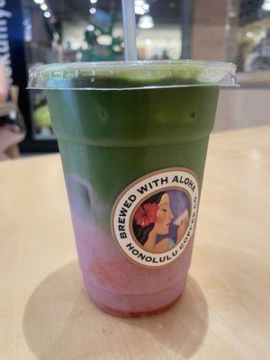 Iced strawberry matcha with oat milk