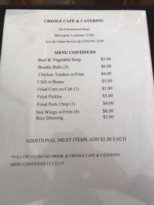 Creole Cafe menu continued