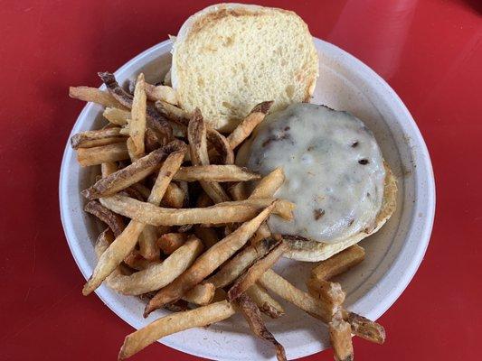 Hamburger* with cheese and fries