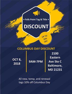 COLUMBUS DAY DISCOUNT