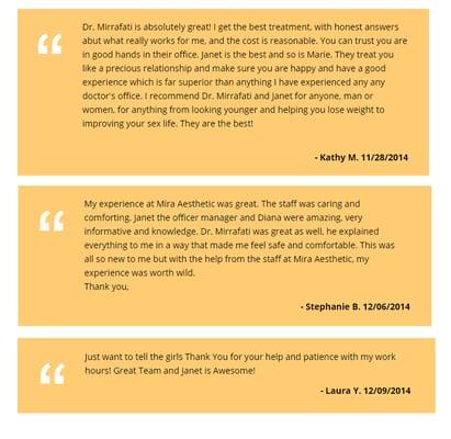 Our clients love us. Read all the testimonials on what people have to say about their procedures at Mira Aesthetic Medical Spa