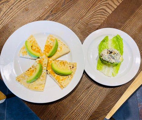 Grilled chicken quesadilla and Stuffed chicken salad Avocado