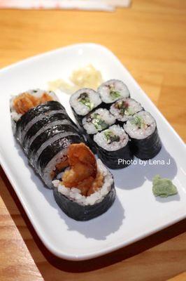 M34. Sweet Potato Tempura Roll ($5.50) & M3. Ume Shiso Maki (pickled plum, cucumber, Shiso leaf)