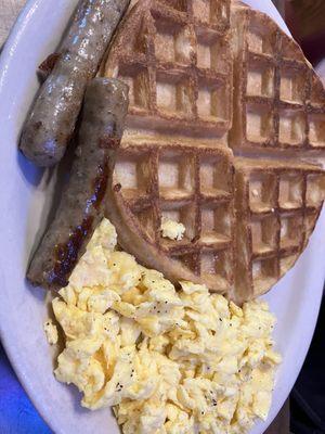 Waffle, scrambled eggs & sausages