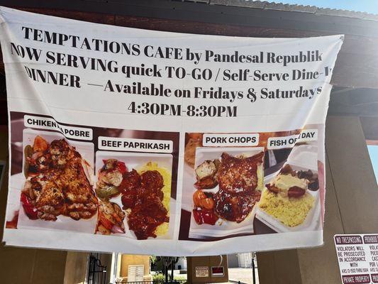 The banner shows photos of the four entrées they serve for dinner on Friday and Saturday evening.