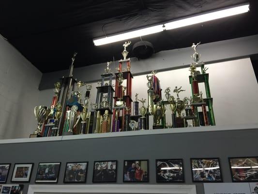 Shelf full of trophies