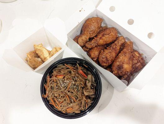 10 drumsticks, jap chae, and dumplings