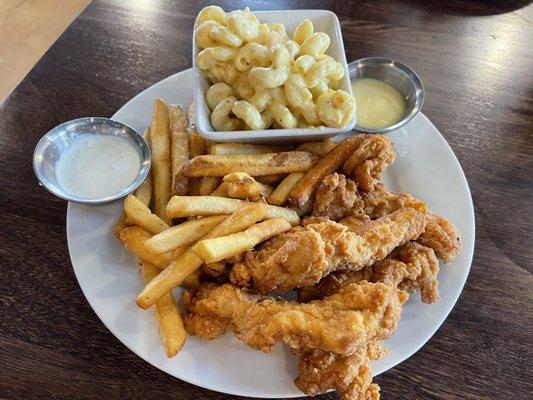 Chicken tenders fries with Mac and cheese