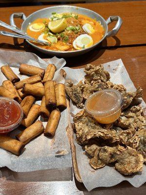 Palabok, lumpiang Shanghai, and chicharong bulaklak