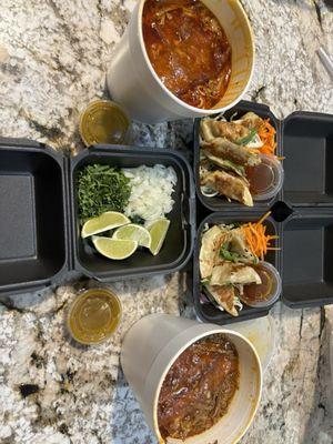 Ramen birria and potstickers