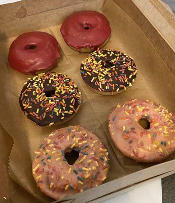 Custom order of gluten-free donuts... beet, chocolate sprinkles, and the Homer (my favorite)