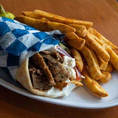 Lamb gyro pita with fries.