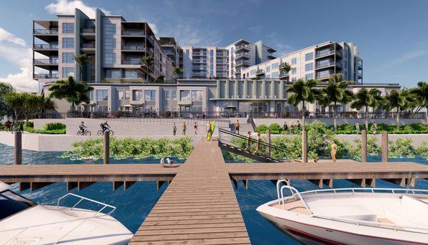 Rendering of our favorite amenity - the boat dock on the bay!