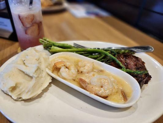 Mashed Potatoes, Shrimp Scampi, Tri-Tip & Grilled Asparagus