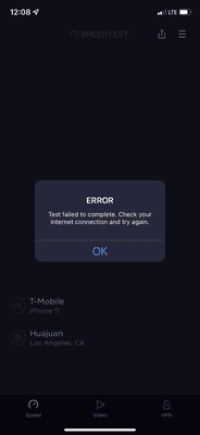 Speed check at residence.  Unable to connect to T-Mobile network