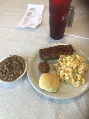 I got meatloaf, Mac cheese, field peas, and sweet tea.