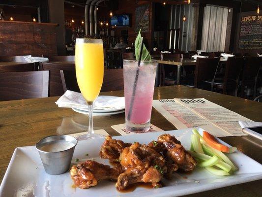 Mimosa & Blissed drinks with sweet plum sauce wings