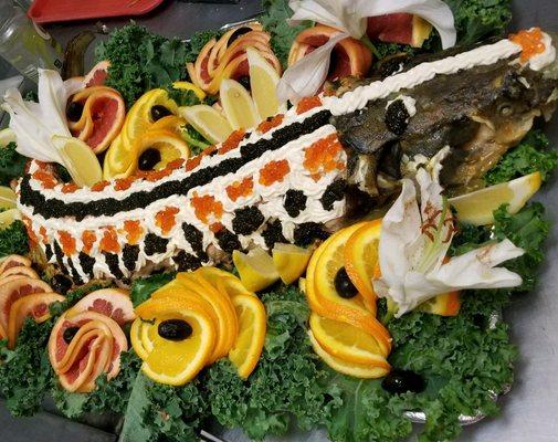 Sturgeon Fish for my Party!!! Decorated with Red and Black Caviar!!! Fancy AF!