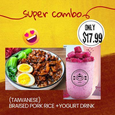 Super special combo~~
Specially made braised pork with yogurt drinks, only $17.99