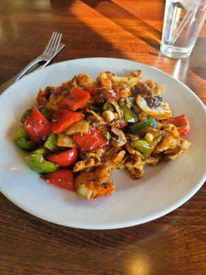 Thai basil w/chicken and shrimp. It's hot and spicy but so good!