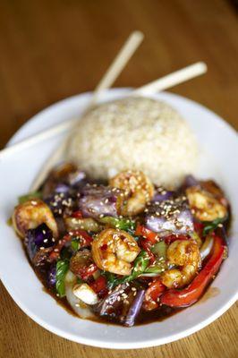 Garlic Eggplant stirfry: wok-seared japanese eggplant, red peppers, bok choy & onions in sweet garlic sauce