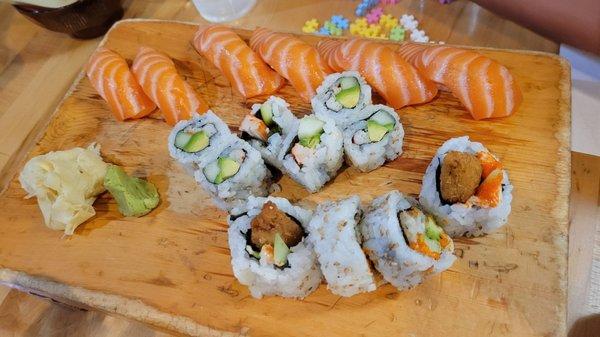 Salmon nigiri, California rolls & crunch rolls