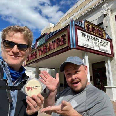 Jamie Kaler & Jason Gowin in front of the theatre before their first live comedy show- The Parents Lounge Live!