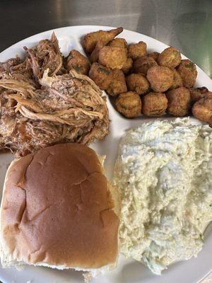 Homemade BBQ, Fried Okra, Homemade slaw