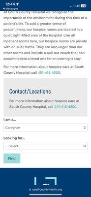 The web page for hospice at south county hospital