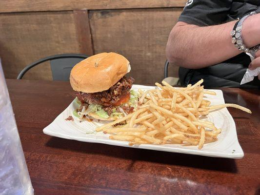 The Brisket Burger with shoestring fries (husband loved it)