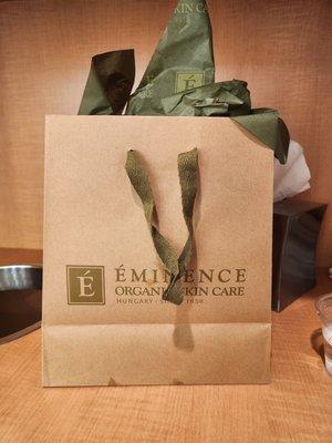 Our package came with an Eminence bag with chocolates, product samples and a pen.