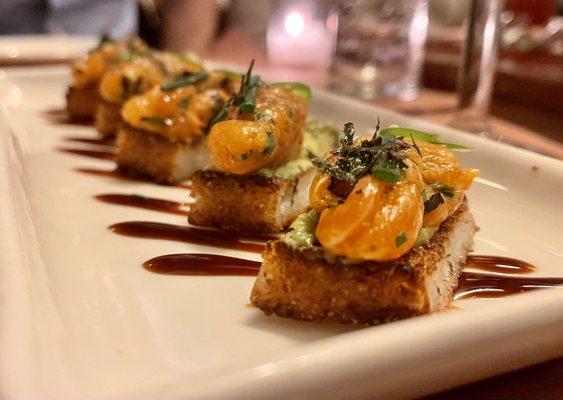 Spicy Salmon Tartare ($16) crispy rice, avocado, sriracha, nori