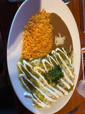 Enchiladas Verde Chicken enchiladas covered with cheese sauce and our special creamy verde sauce.