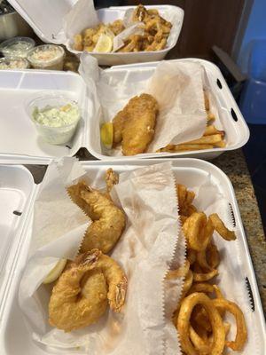 Fried fish, fried, jumbo shrimp and calamari