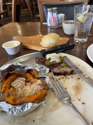 New York New Mexico style steak with green chilies and sweet potatoes.