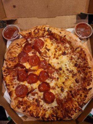 Medium, half pepperoni, half cheese pizza