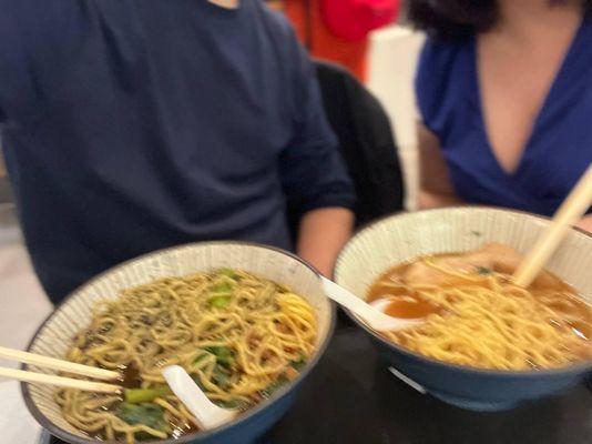 #5 (Spicy Black Sesame, with Extra Noodles - Left), & #1 (Shoyu - Right).  Delicious!  Also, nice bowls!