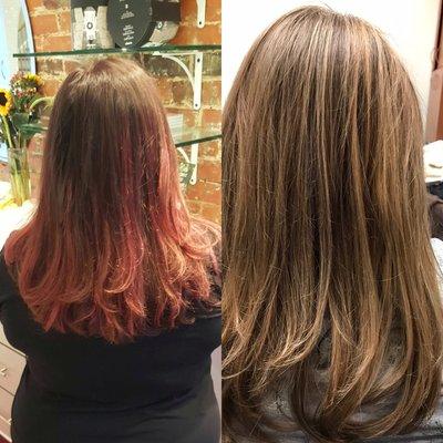 Before and after removing red from the hair