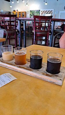 Tasty flight: Hazy IPA, Optional Disorientation IPA, under the Big Black Sun, M Mountain Obscured Stout, Time of the Preacher Red Ale.