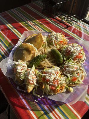 "Antojitos platter" our Lunch special with
- 2 gorditas
- 2 tostadas
- 2 sopes
- 2 molotes