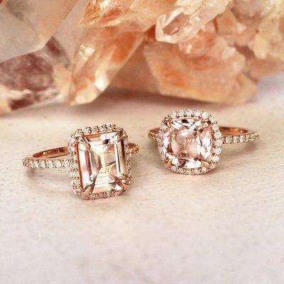 Morganite and natural diamond rings. Bold and glam, but also flattering and feminine! Wear them as an engagement ring or a cocktail ring!