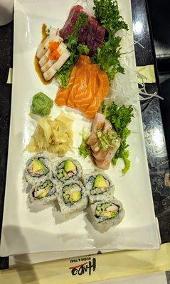 Sashimi deluxe, swapped out tuna roll for the California roll instead