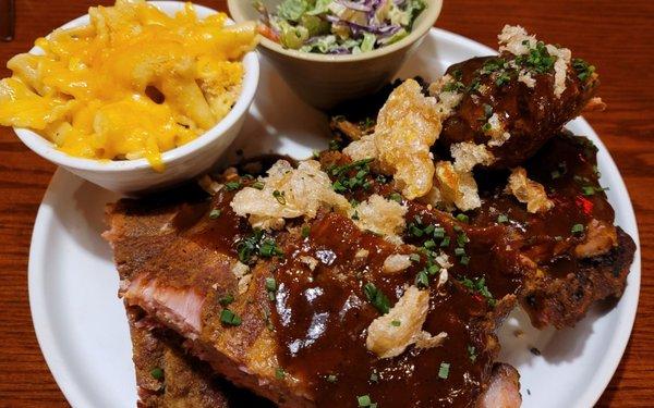 Whole slab of delicious ribs topped with pork rinds